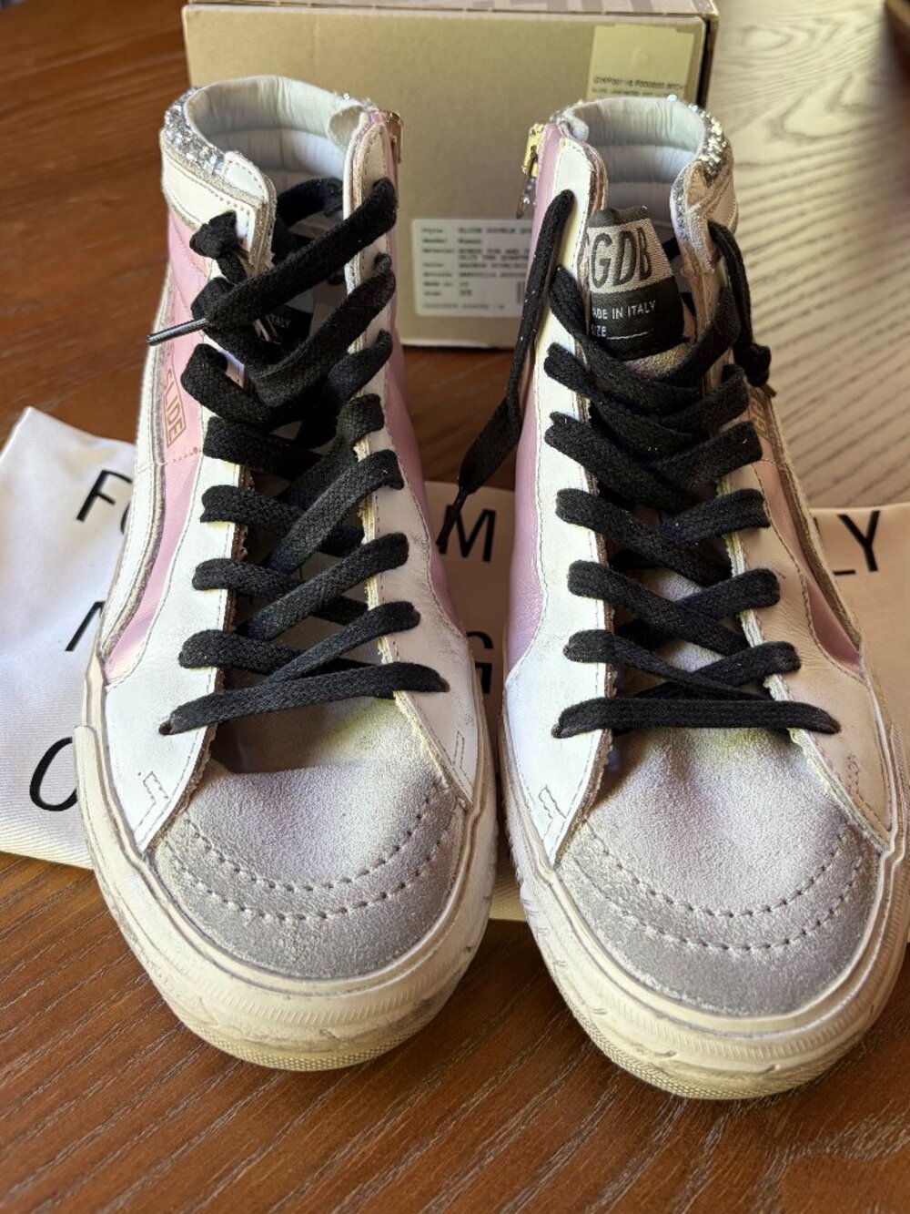 Auth NIB Golden Goose Slide White Leather Pink Laminate Silver Glitter Size 35